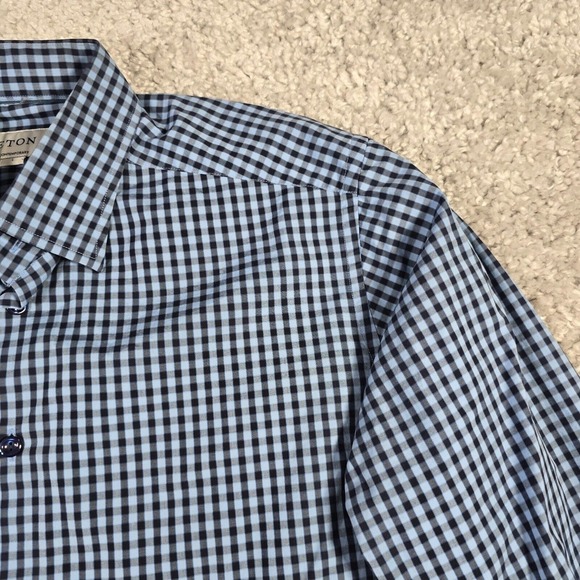 Eton Men Gingham Plaid Dress Shirt Size‎ Large Blue Business Office Workwear - Picture 3 of 14